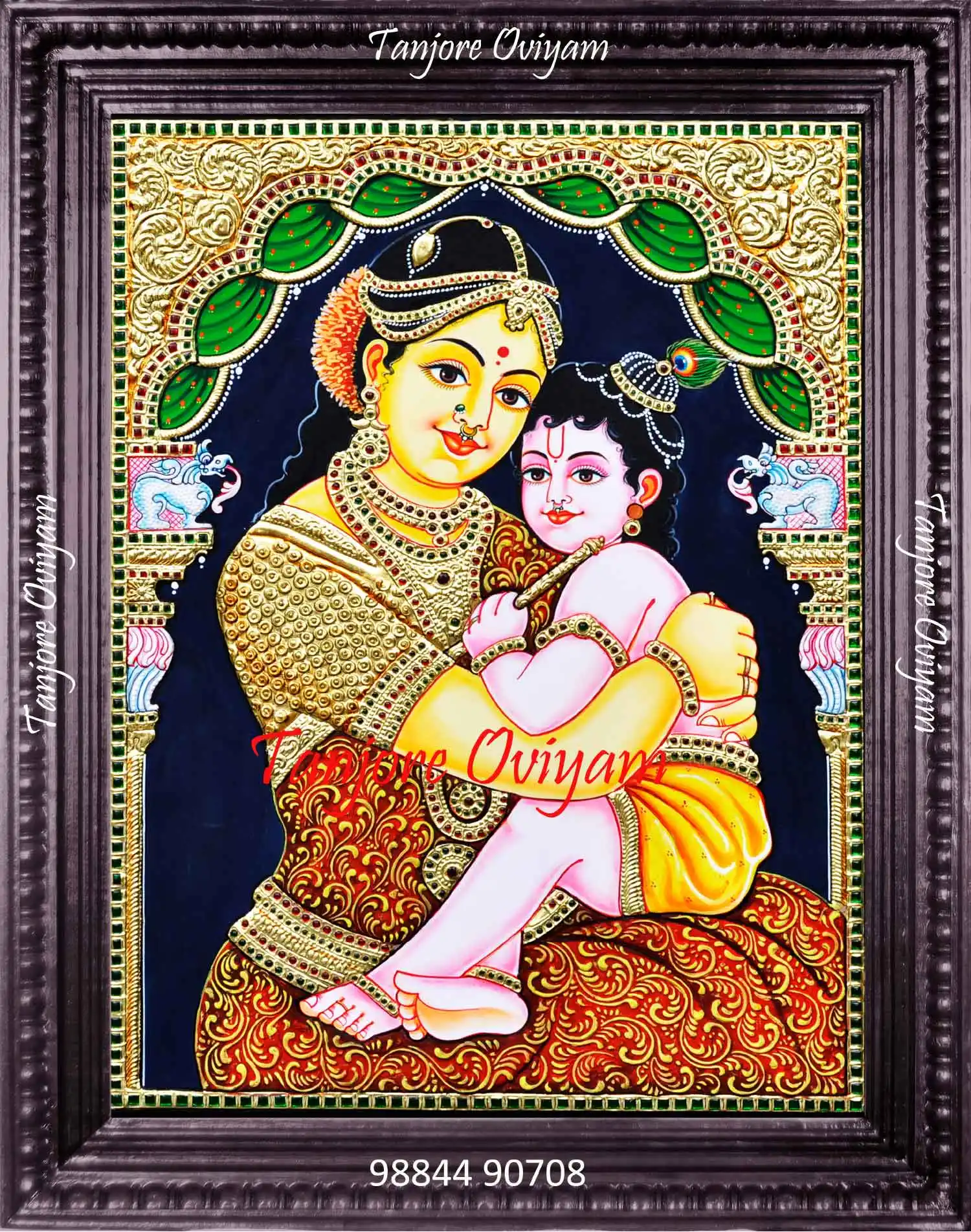 Tanjore painting Krishna and Yashodha showing mother Yashoda embracing child Krishna with traditional gold foil work